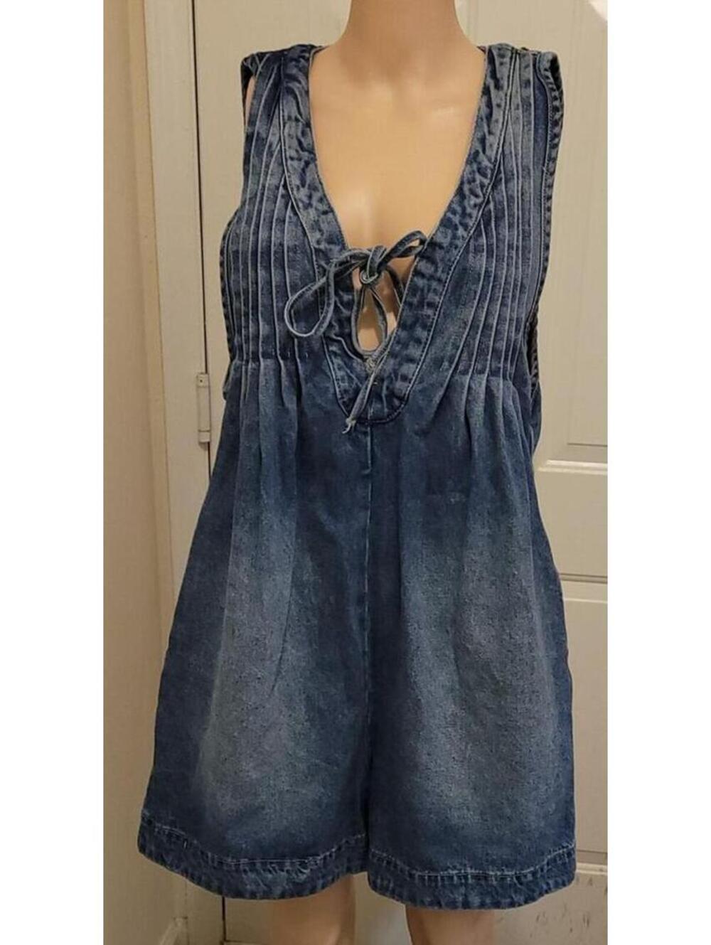 Denim Tie-Front Romper - Blue - Picture 2 of 7
